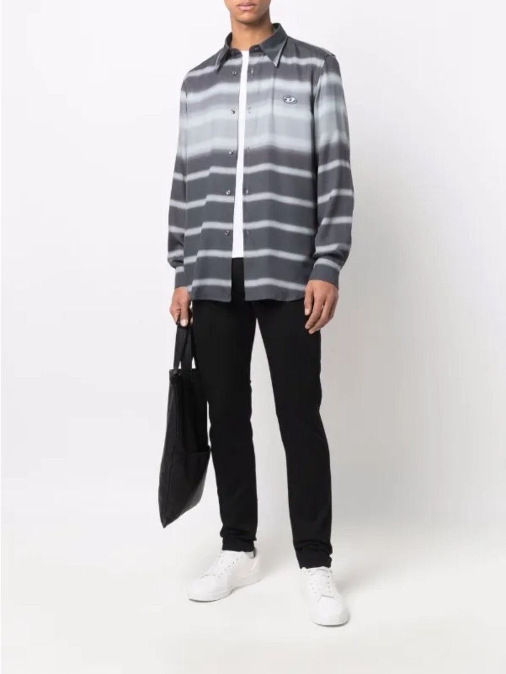 Diesel S-Tucker Stripe Lyocell Shirt XXL Gray Horizontal Stripe NWT Logo Patch
